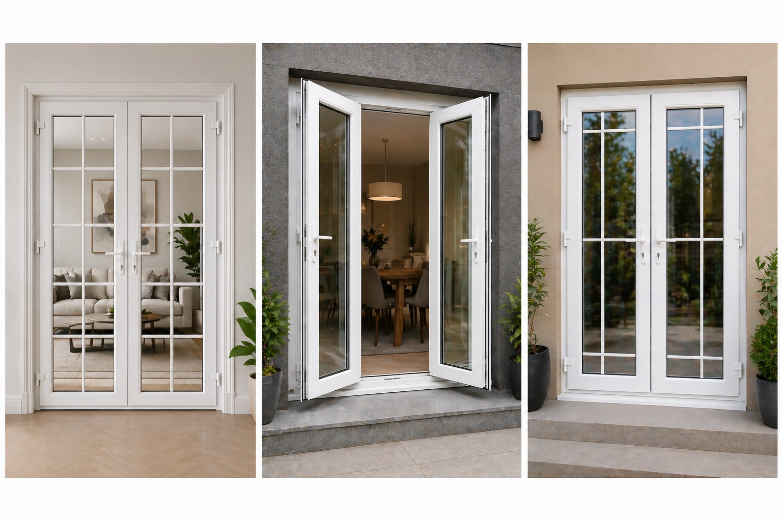 uPVC French doors in Coimbatore — double-panel glass doors creating elegant light-filled transitions between indoor and outdoor spaces